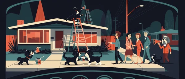 Night: Havanese dogs paint a mid-century house. Dog on roof, another paints plants, two share paint. Suited dog with megaphone walks with people. Teal, orange, cream.