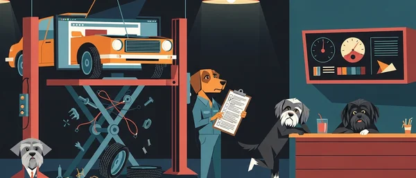 Dog car garage: car on lift, tools, computer. Dog mechanic holds clipboard. Two Havanese dogs at counter with drinks. Dominant blues, oranges, reds.